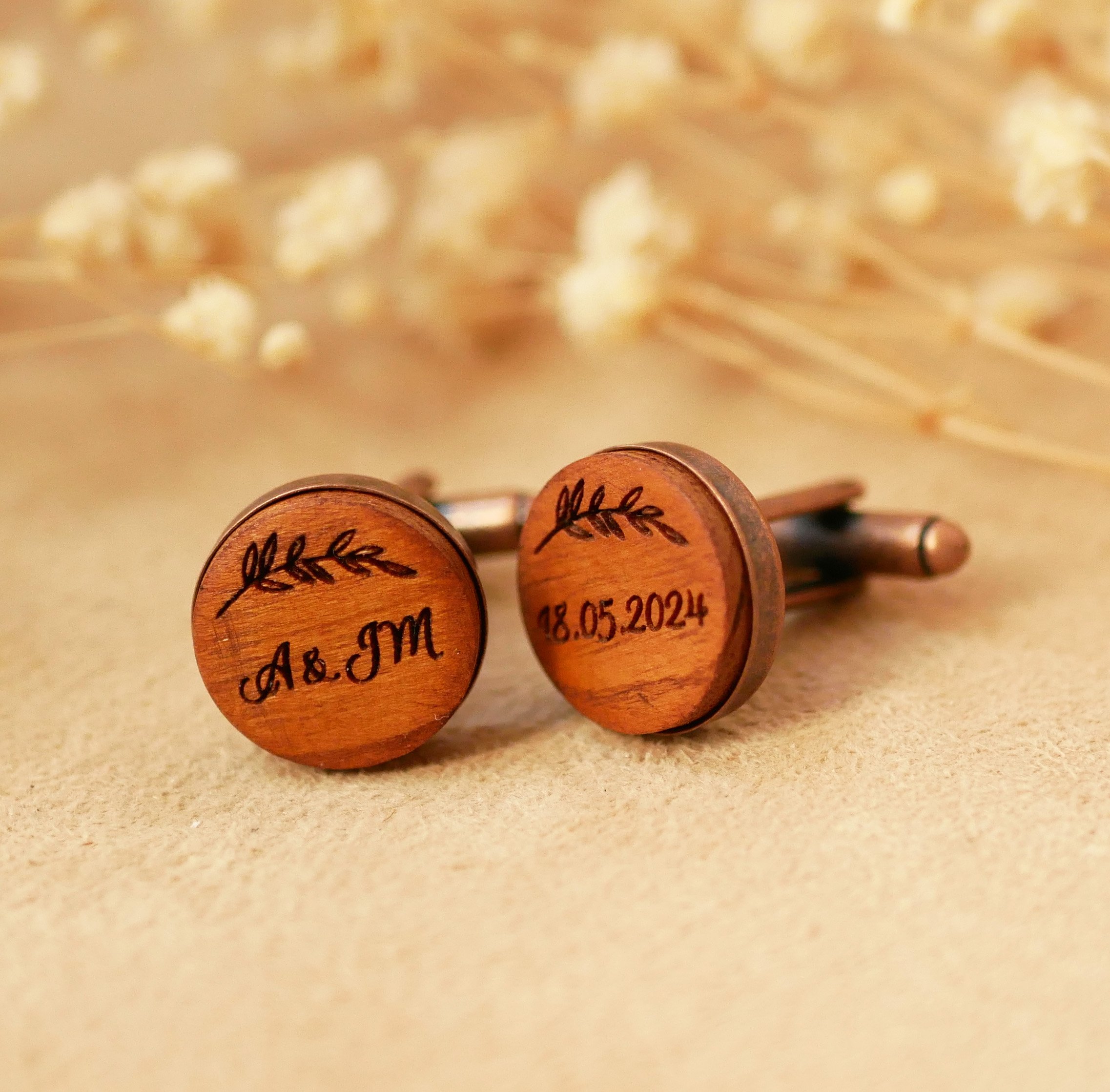 Botões de punho de madeira em cobre antigo 16 mm, personalizáveis
