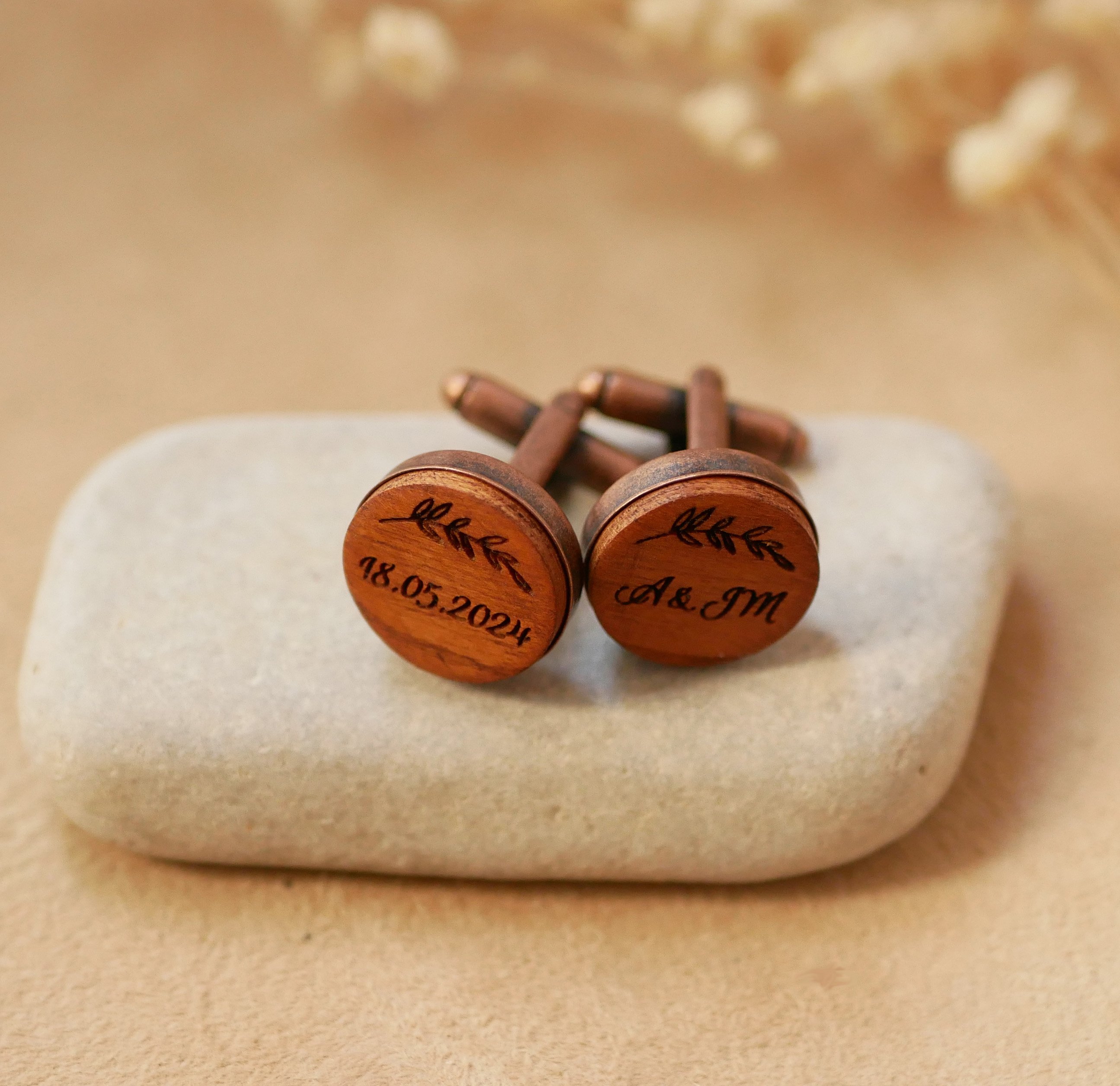 Bot&otilde;es de punho de madeira em cobre antigo 16 mm, personaliz&aacute;veis