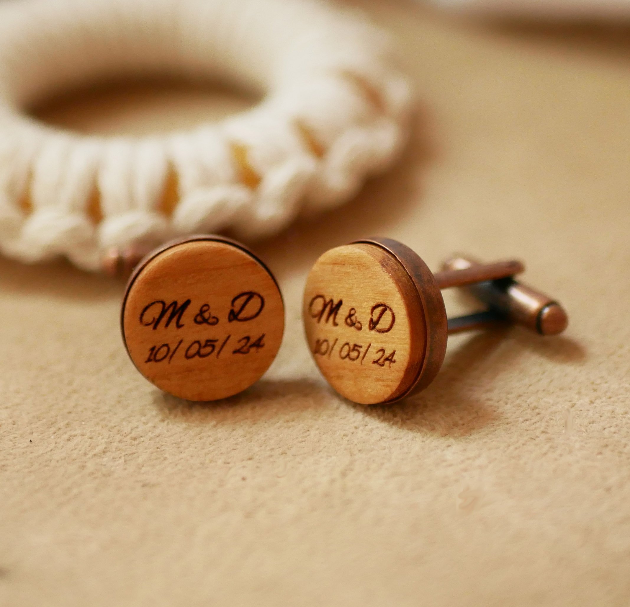 Botões de punho de madeira em cobre antigo 16 mm, personalizáveis