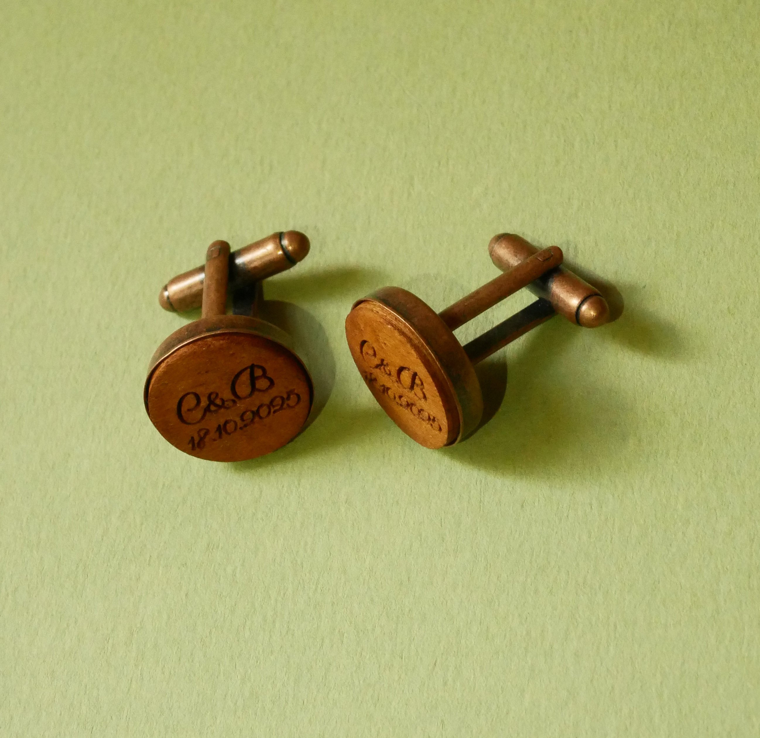 Botões de punho de madeira em cobre antigo 16 mm, personalizáveis