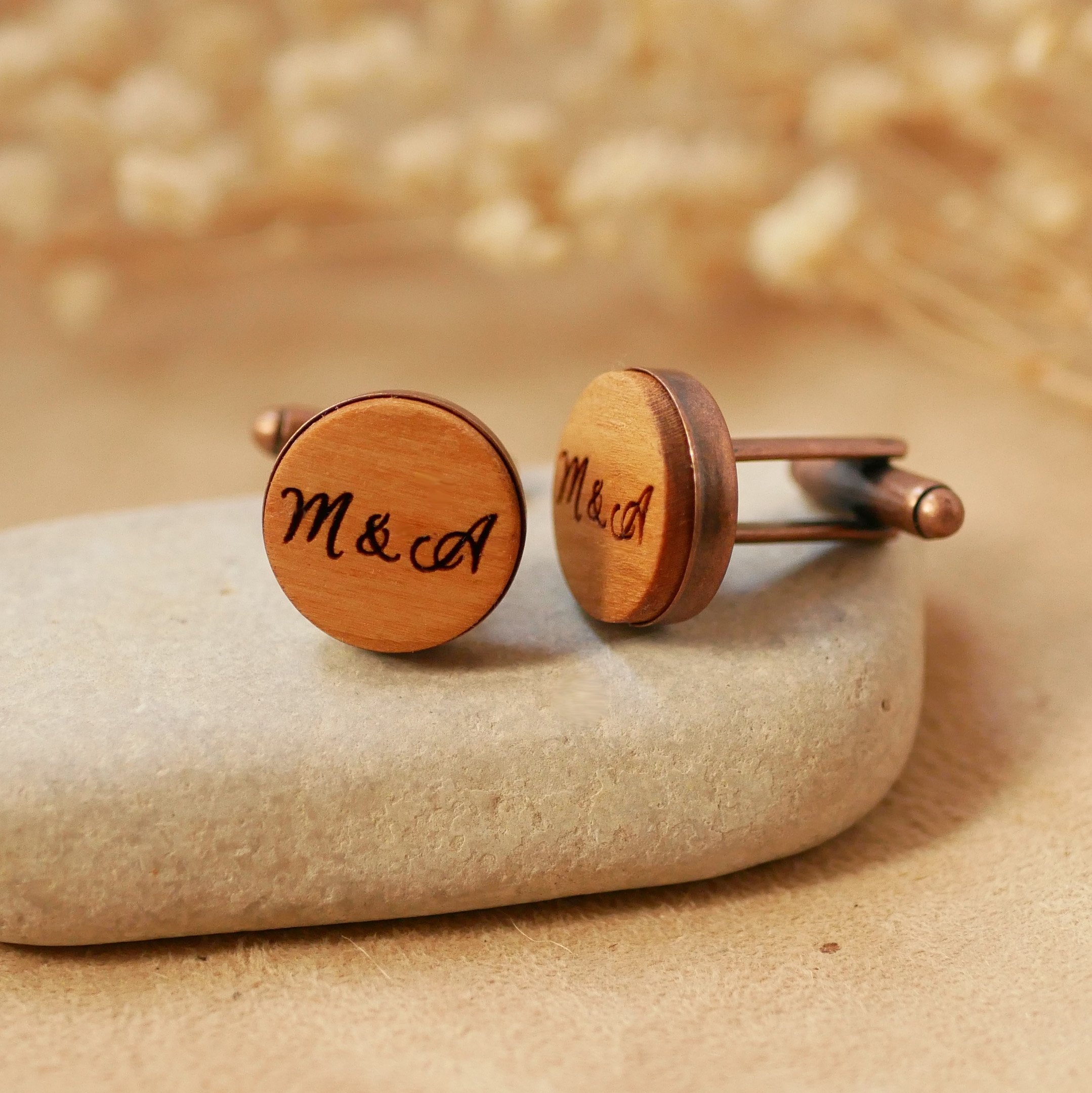 Botões de punho de madeira em cobre antigo 16 mm, personalizáveis