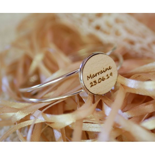 Bracelete com cabochon de madeira para personalizar e metal prateado