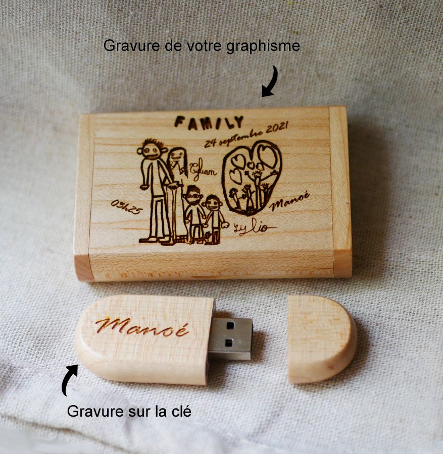 Unidade Flash USB 3.0 de 64 GB numa caixa de madeira de bordo de luz personalizada