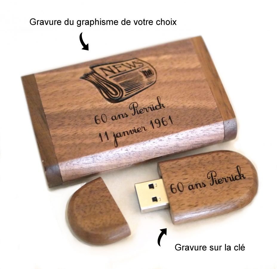 Pen drive e caixa em madeira de nogueira 3.0 USB, 32 GB, personalizável
