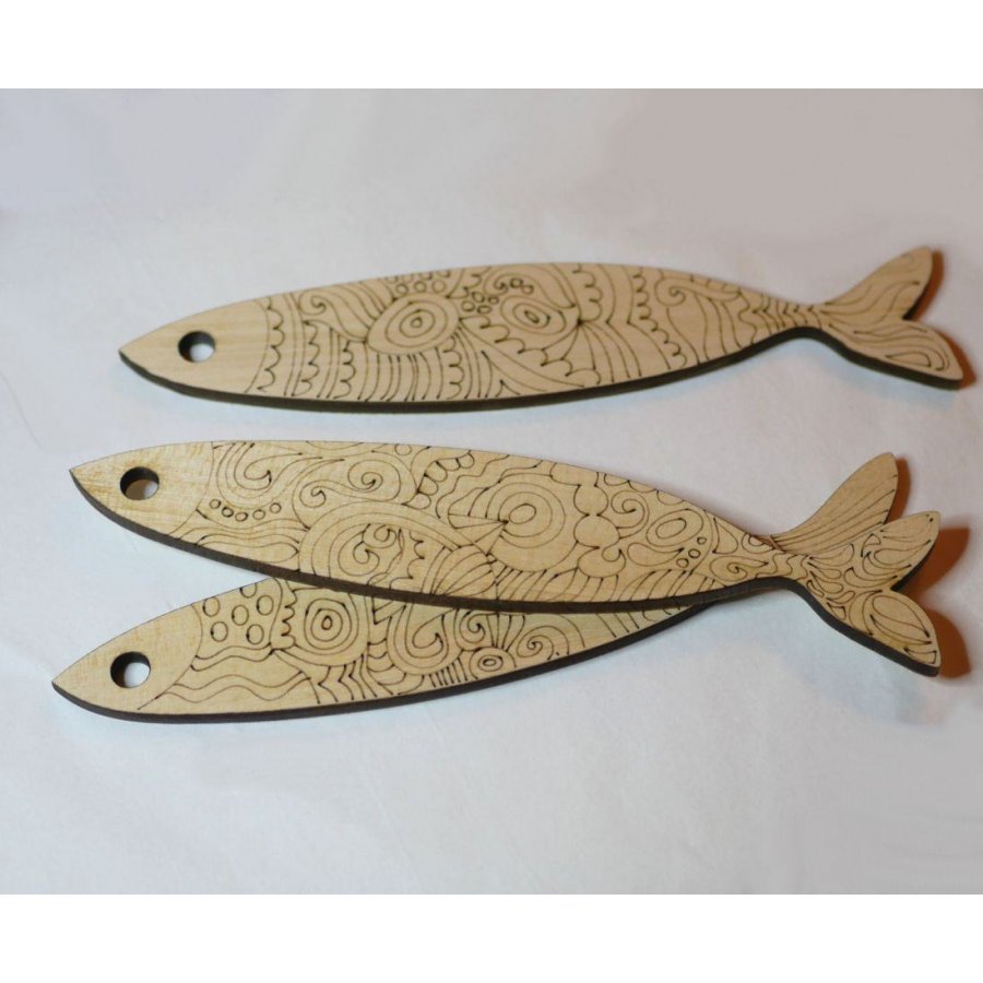 Decoração de parede Sardinhas em madeira gravada para ser pintada 