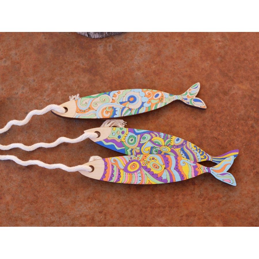 Decoração de parede Sardinhas em madeira gravada para ser pintada 