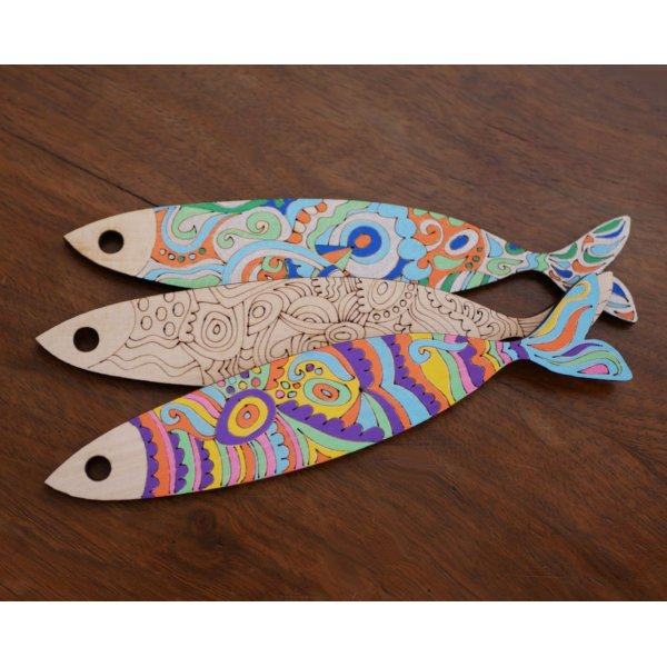 Decora&ccedil;&atilde;o de parede Sardinhas em madeira gravada para ser pintada 