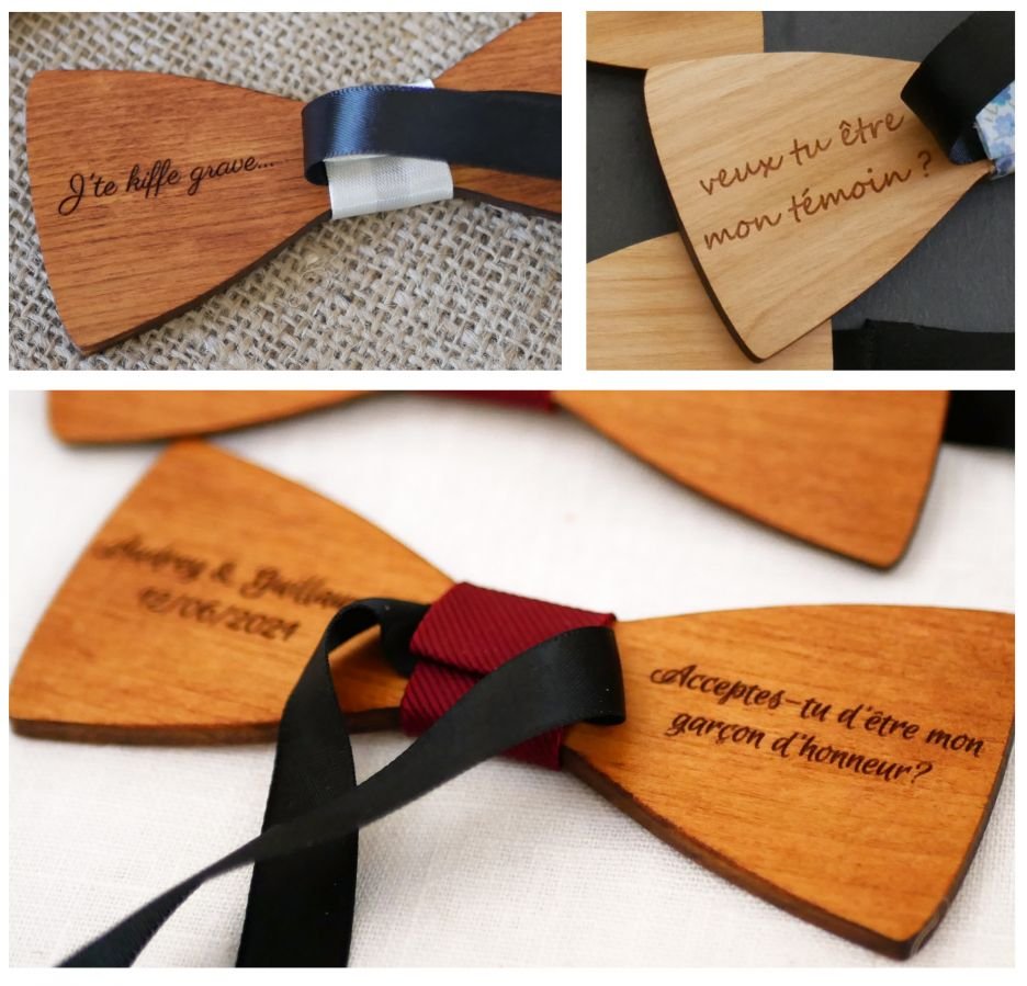 Gravata de laço de madeira com desenho à sua escolha gravada em França