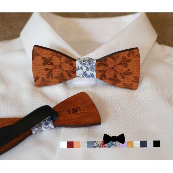 Gravata de la&ccedil;o de madeira gravada com flores grandes para personalizar