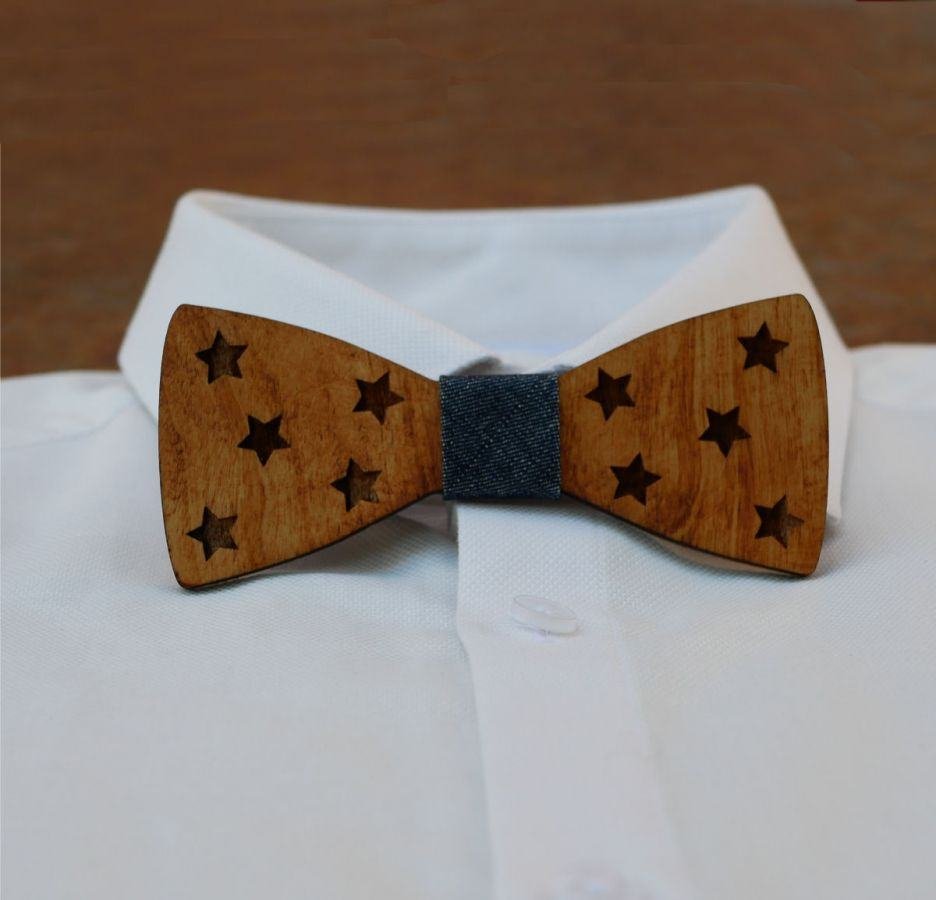 Gravata de laço de madeira com estrelas para personalizar feita em França