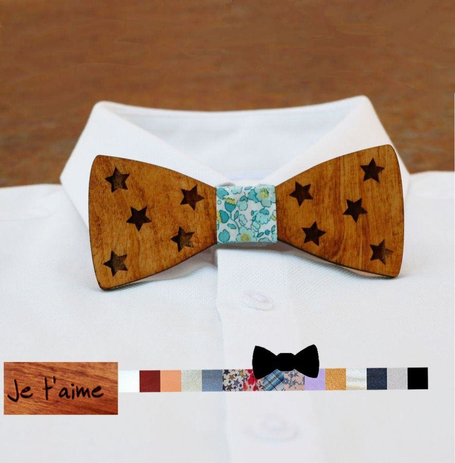 Gravata de laço de madeira com estrelas para personalizar feita em França