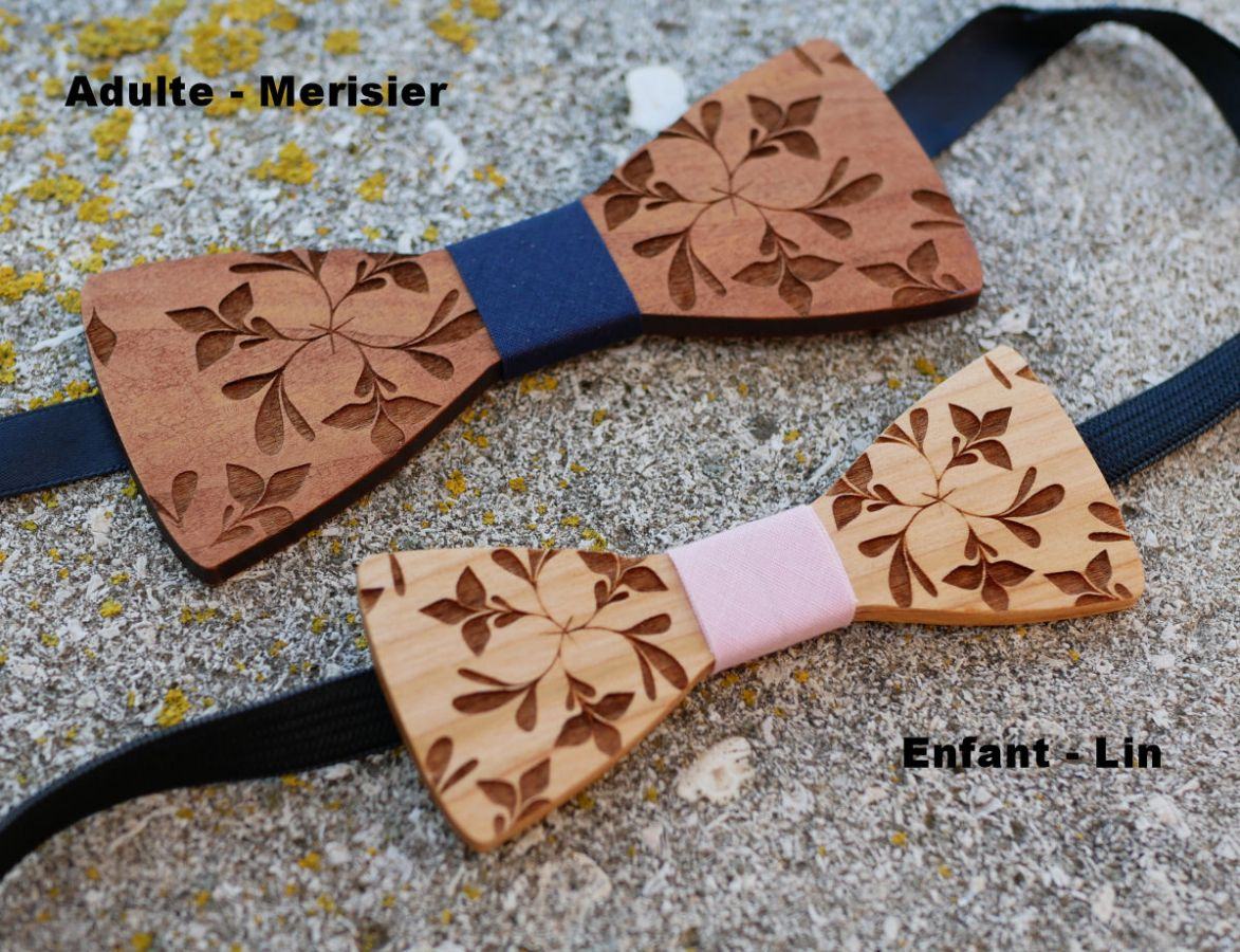 Gravata de laço de madeira para crianças, gravada com flores, para ser personalizada, a condizer com o modelo do homem