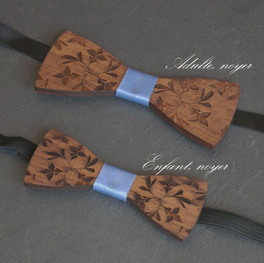 Gravata de laço de madeira para crianças, gravada com flores, para ser personalizada, a condizer com o modelo do homem