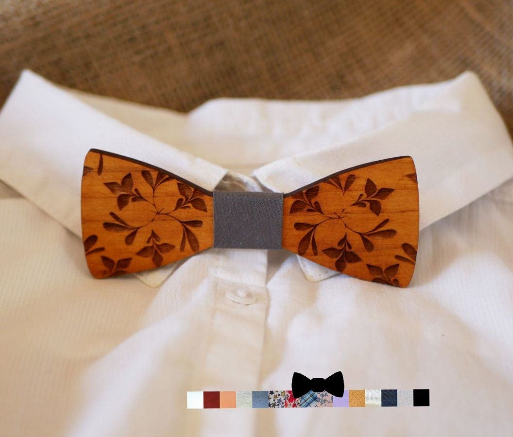 Gravata de laço de madeira para crianças, gravada com flores, para ser personalizada, a condizer com o modelo do homem
