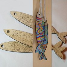 Decoração de parede Sardinhas em madeira gravada para ser pintada 
